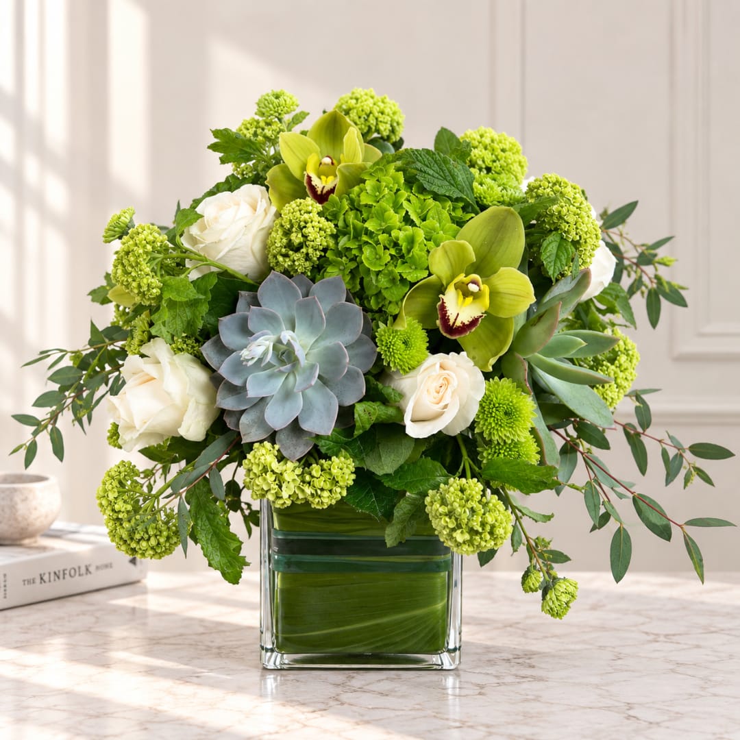 Green and white floral arrangement in a square glass vase with succulents and roses