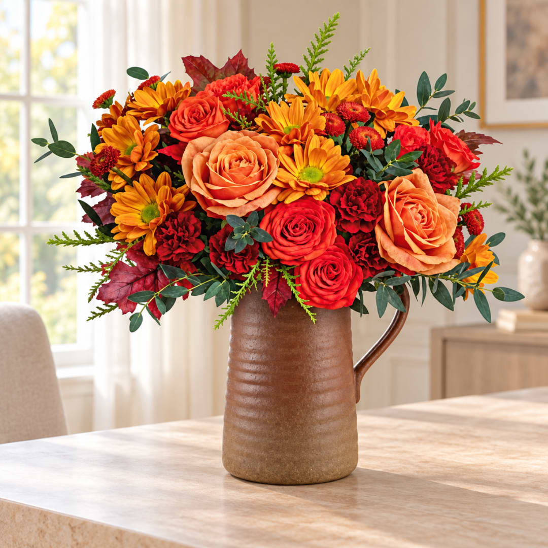 Orange and red flower arrangement in a brown pitcher vase