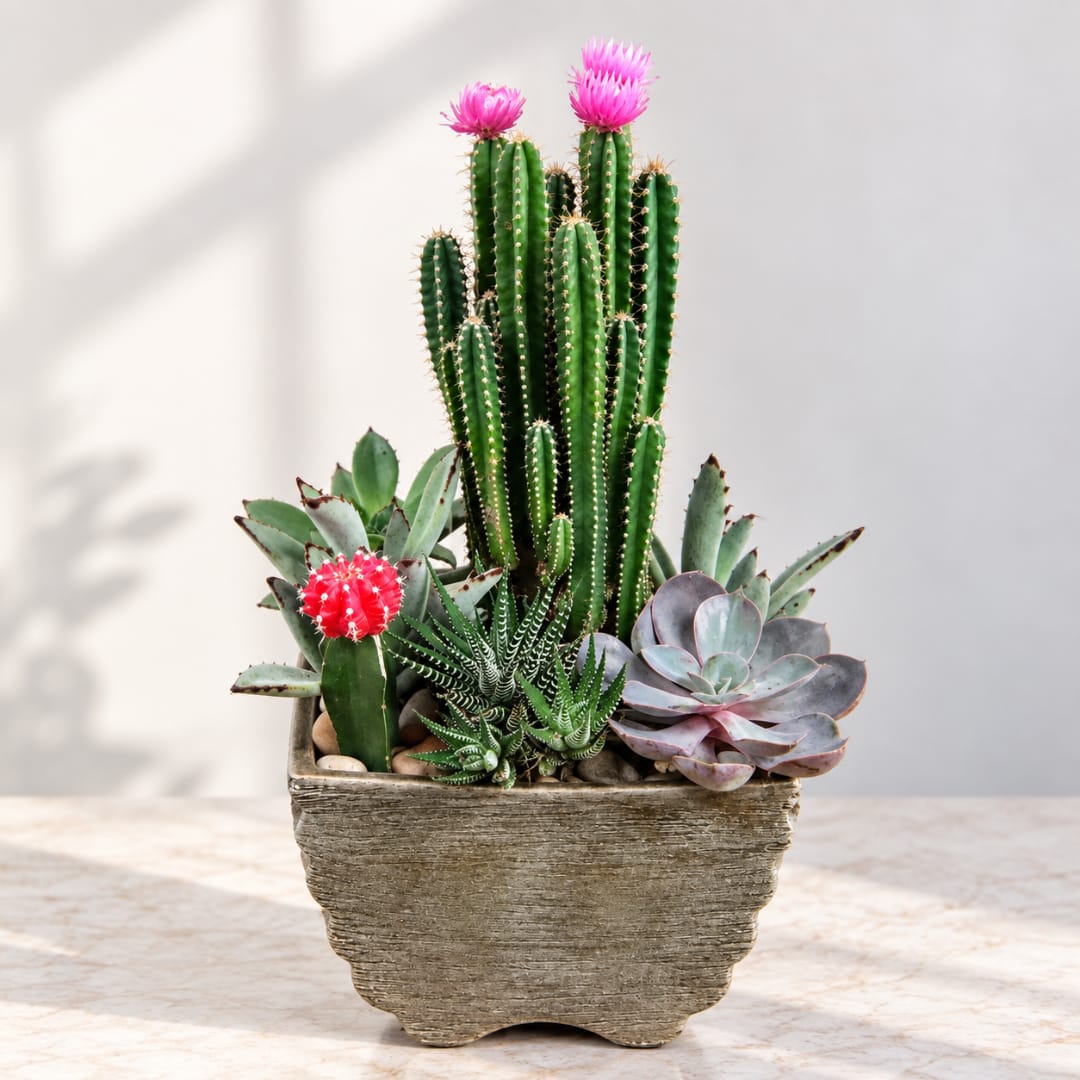 Potted cactus and succulent arrangement with pink blooms