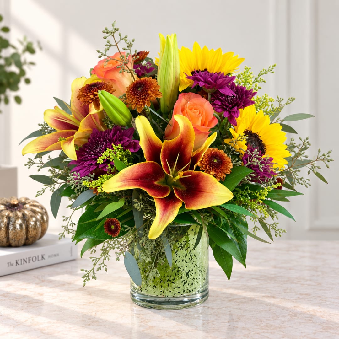 Colorful mixed flower arrangement in a glass vase