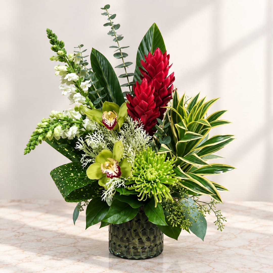 Tropical flower arrangement in a glass vase with red and green blooms