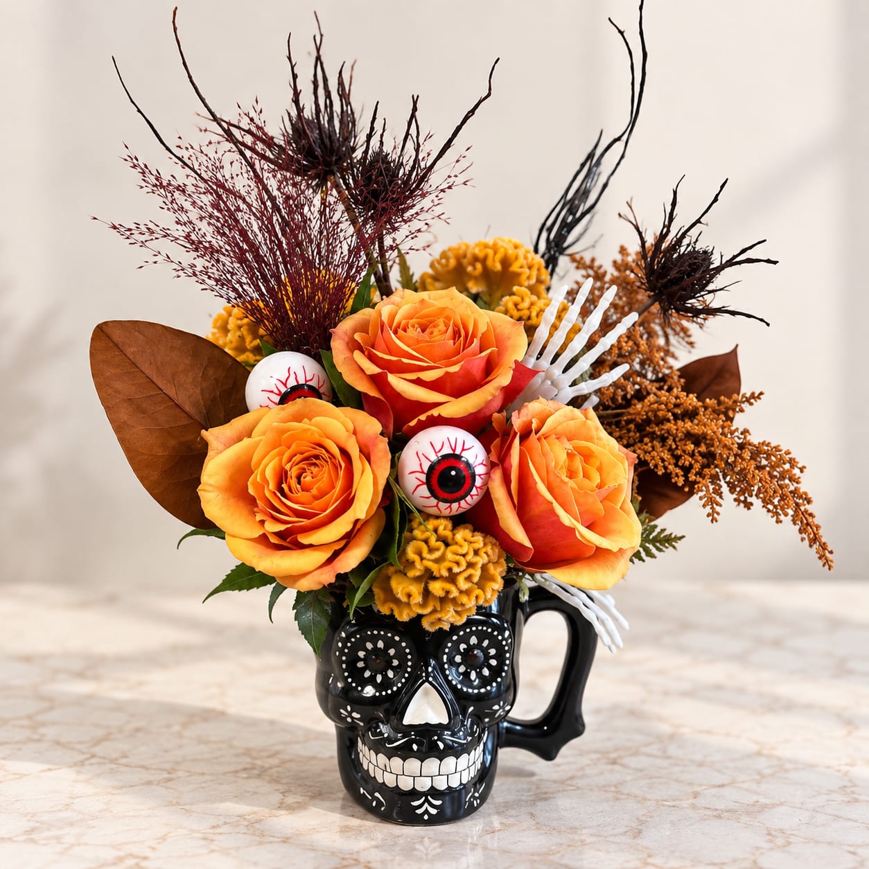 Orange roses arranged in a black skull mug with Halloween accents