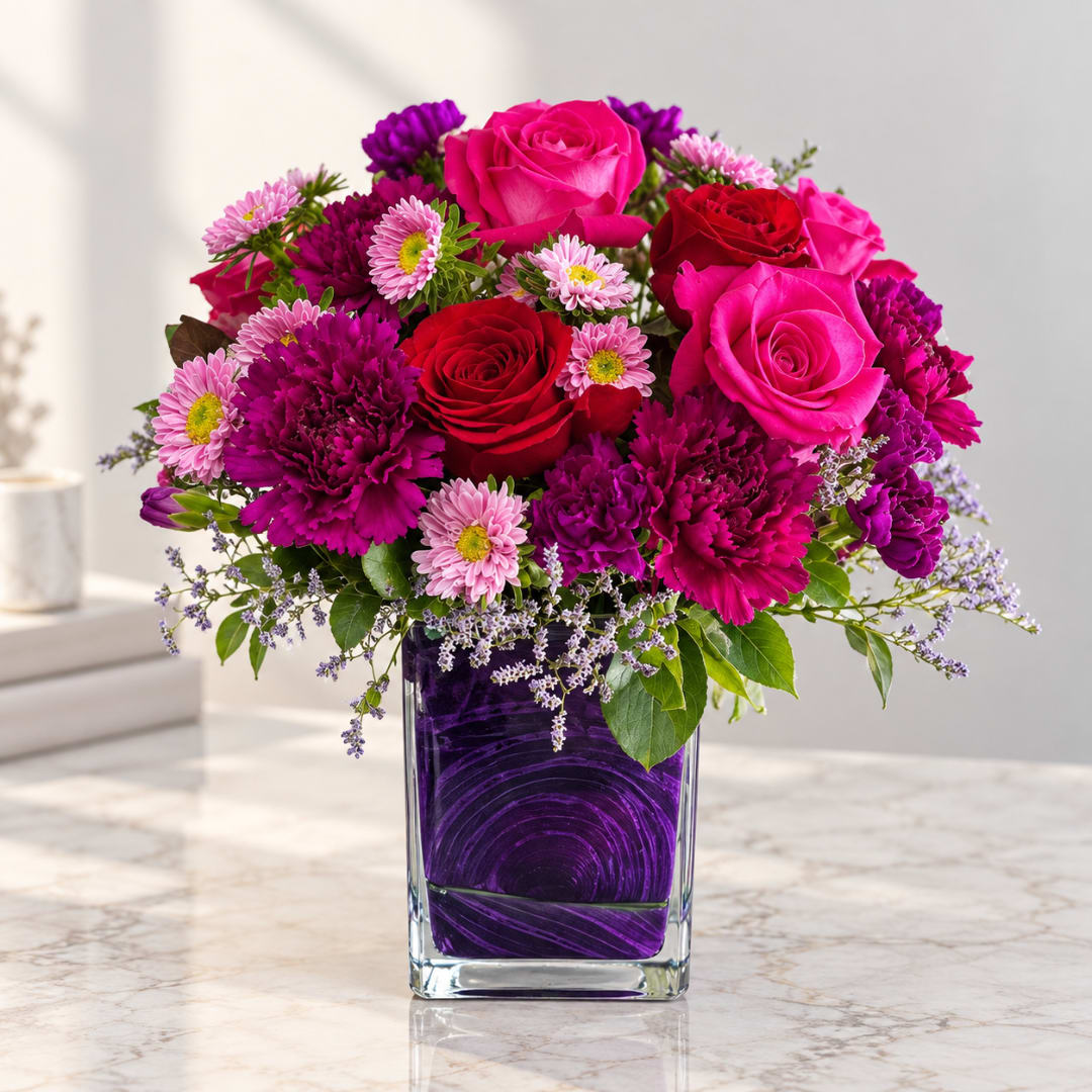 Bouquet of pink and red roses with purple flowers in a glass vase