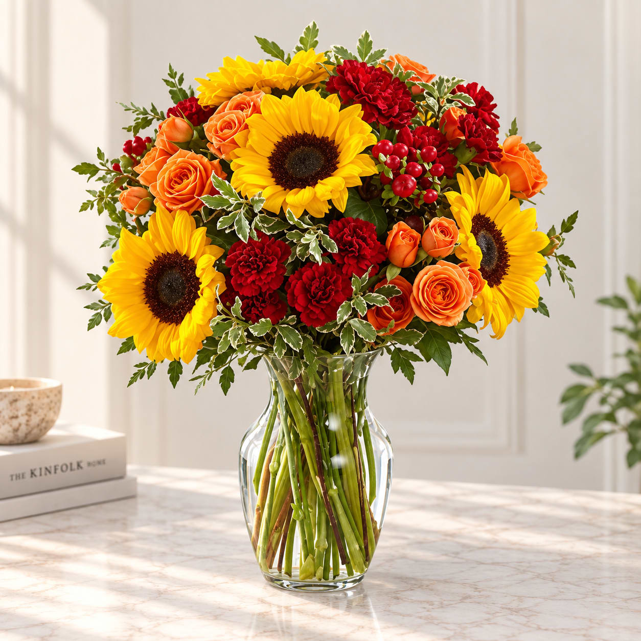 Sunflowers, orange roses, and red carnations in a clear glass vase
