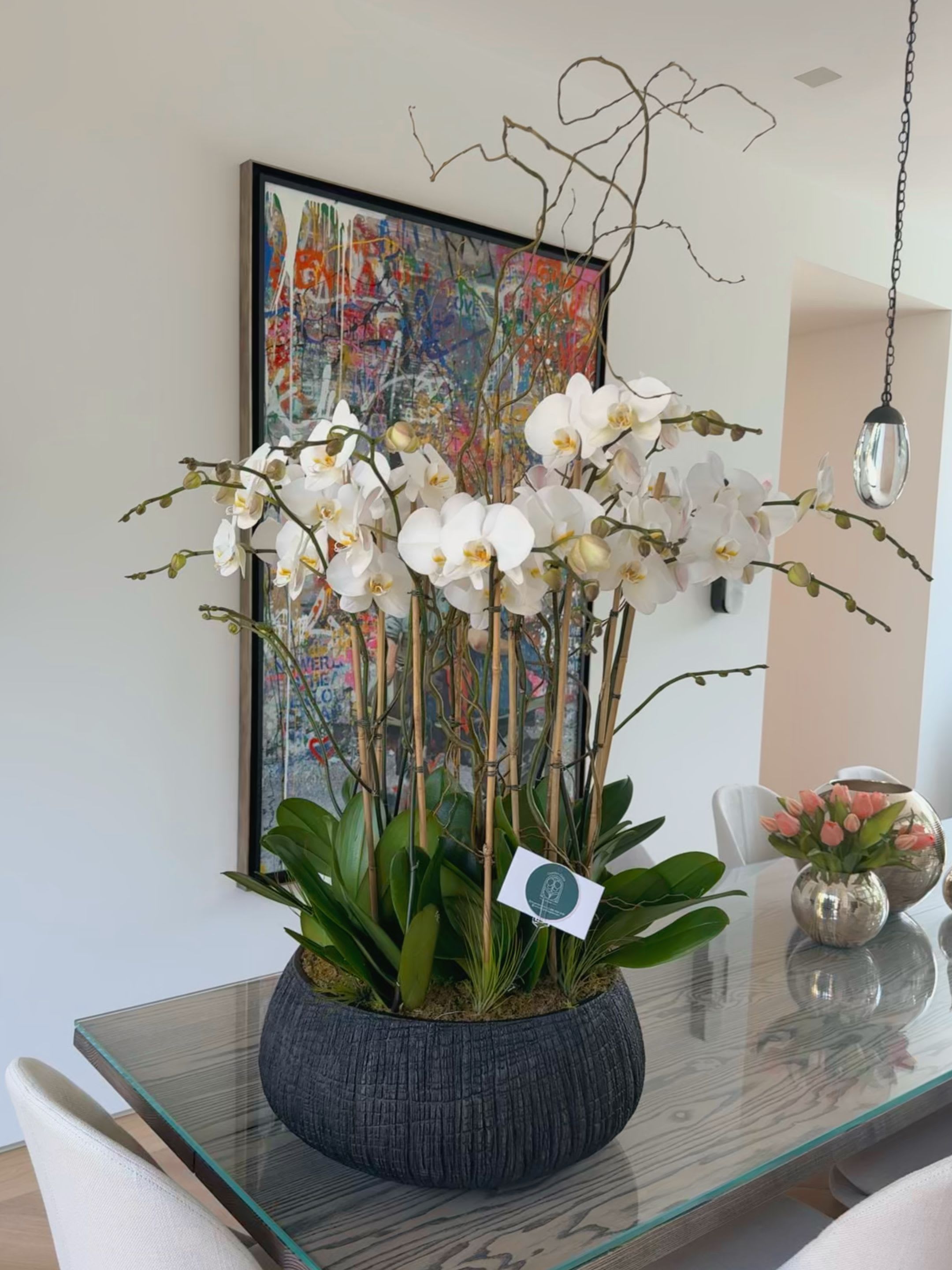 Tall white orchid arrangement in a dark textured planter