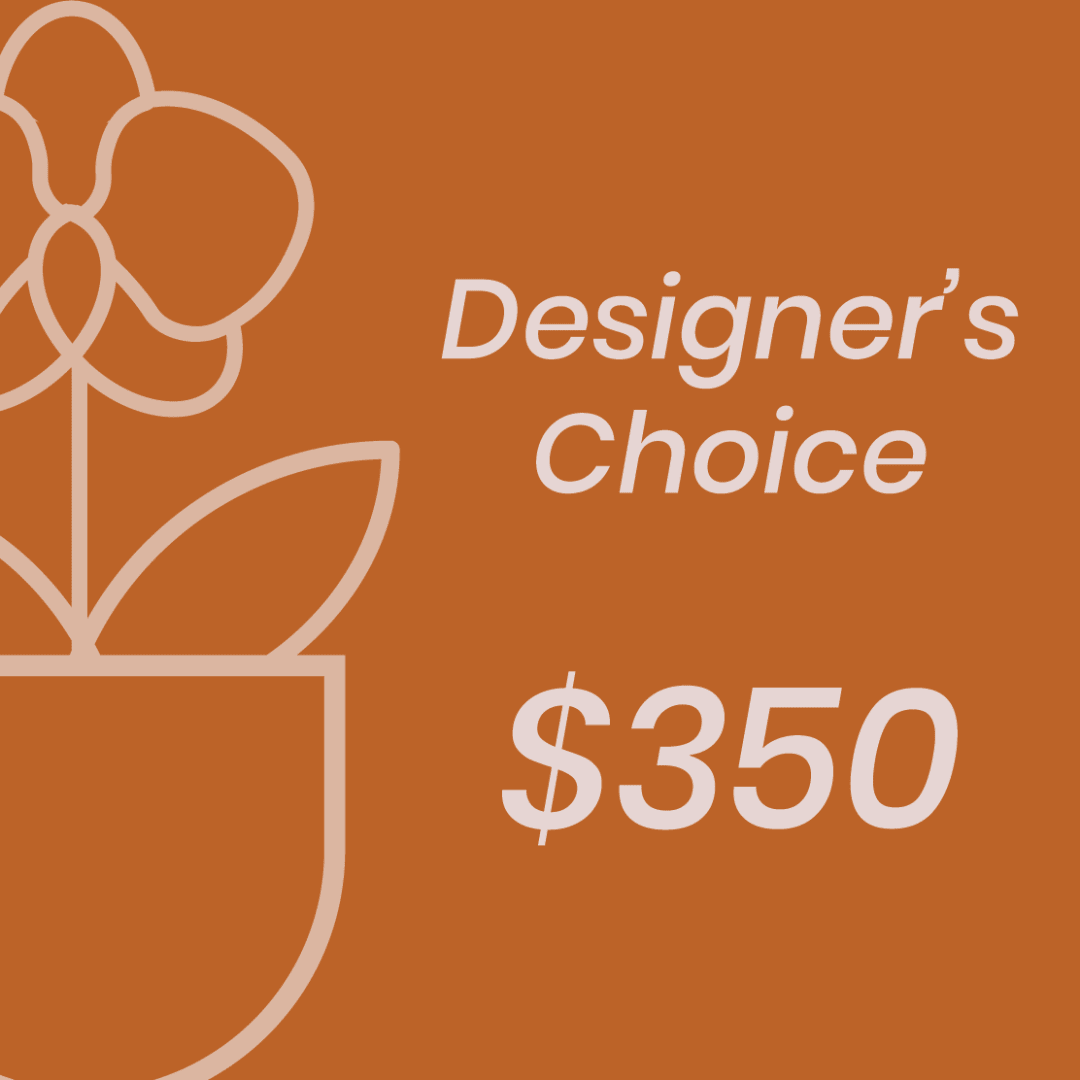 Orange graphic with a flower icon, the words Designer's Choice, and $350