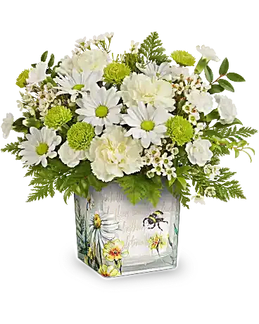 White daisies and green pompons in a painted ceramic vase