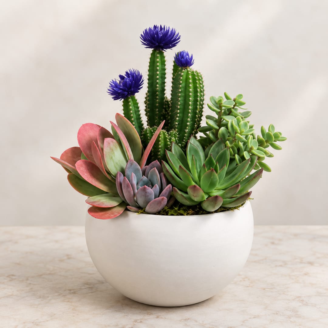 Succulent arrangement in a white bowl with purple cactus blooms