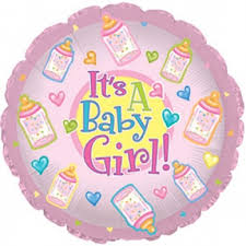 Round pink balloon with "It's A Baby Girl!" text and baby bottle graphics