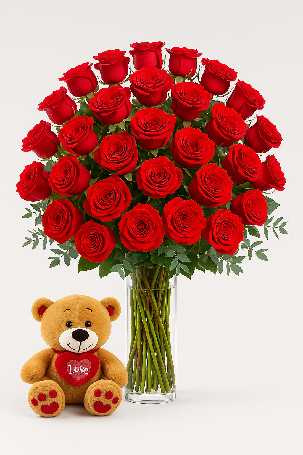 Bouquet of red roses in a clear glass vase with a teddy bear holding a heart