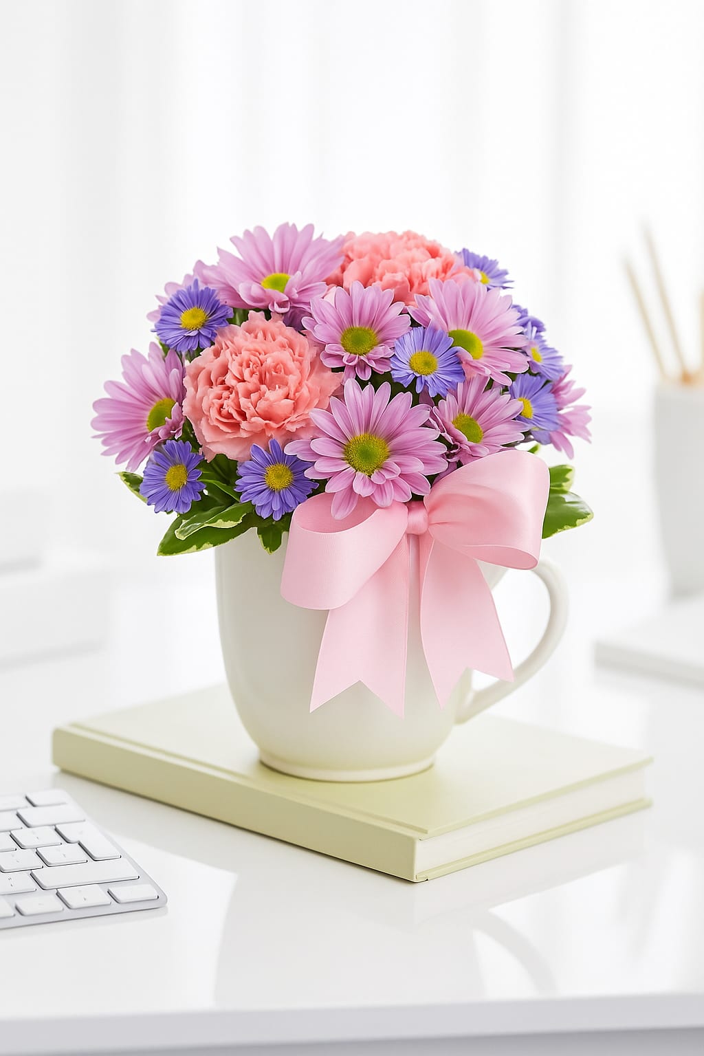 Pink and purple flowers in a white mug with a pink bow