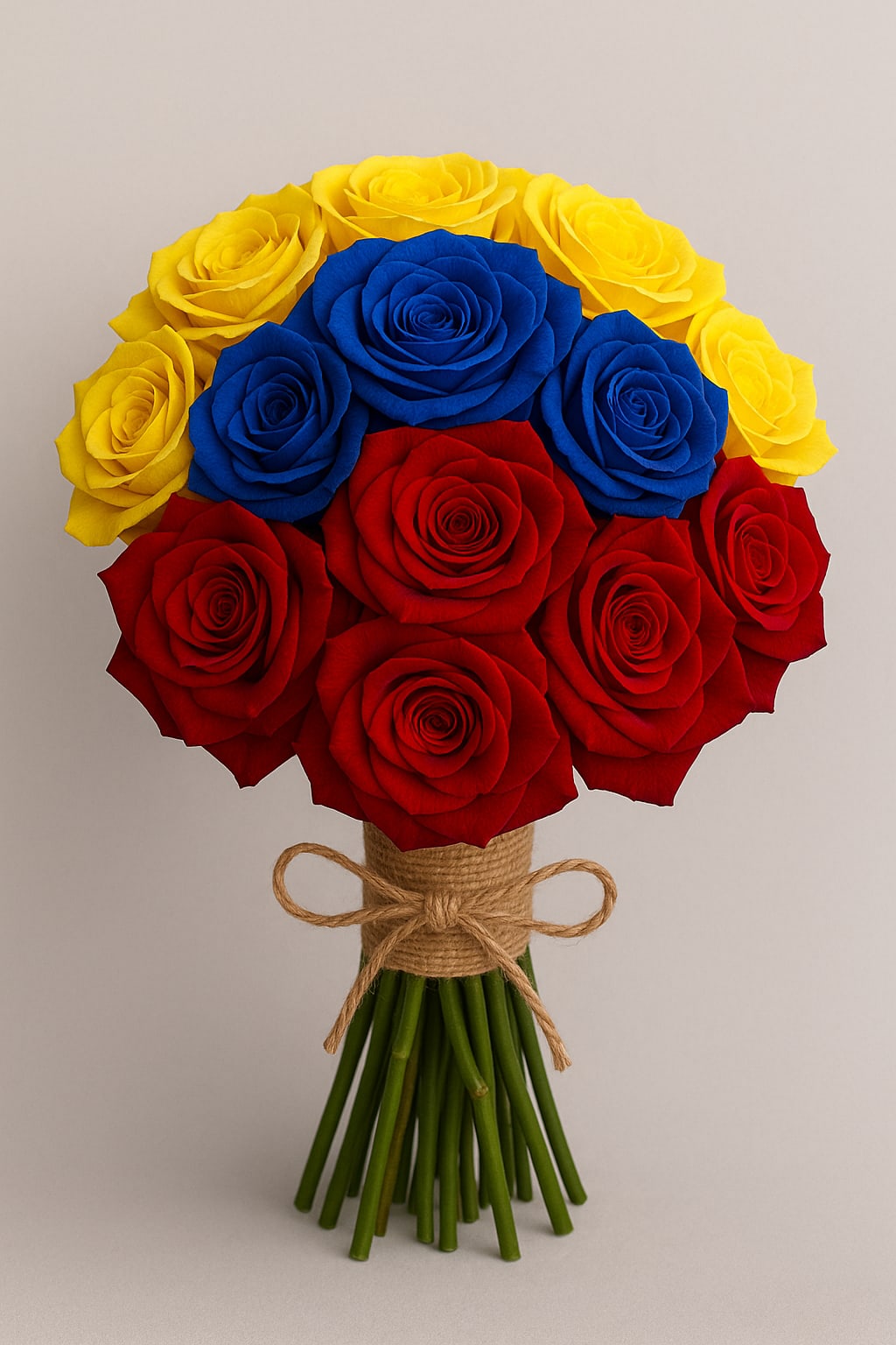 Bouquet of red, blue, and yellow roses tied with twine
