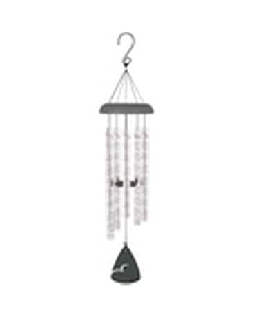 Hanging metal wind chime with silver tubes and a black clapper