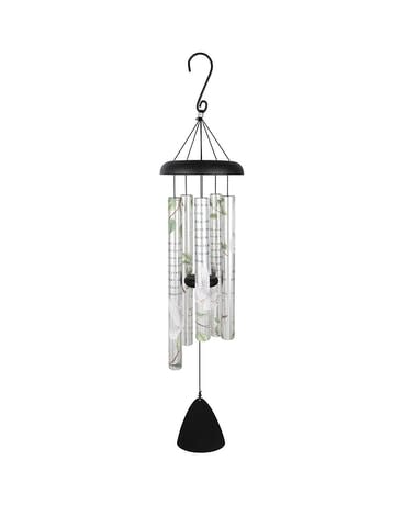 Hanging black wind chime with clear tubes and a cone-shaped striker