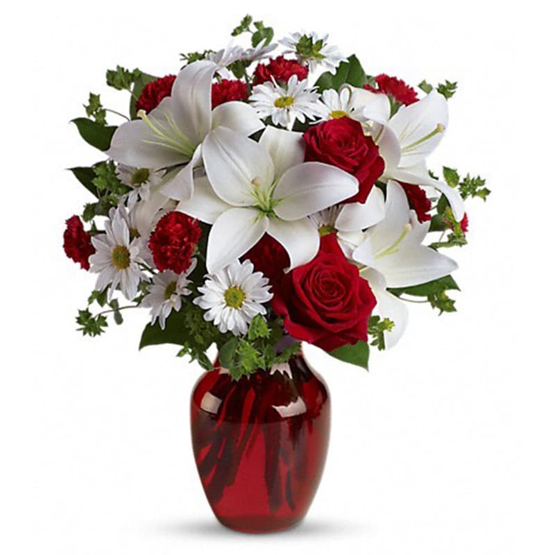  Be My Love Bouquet with Red Roses - Red roses and carnations are exquisitely arranged with white lilles and chrysanthemums in a ruby red glass vase.   Approximately16" tall One-Sided arrangement  