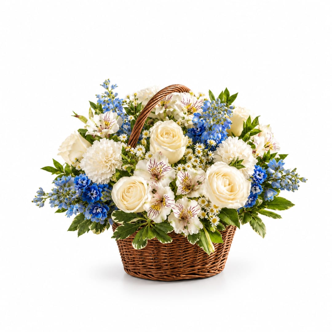 Basket of white and blue flowers with cream roses