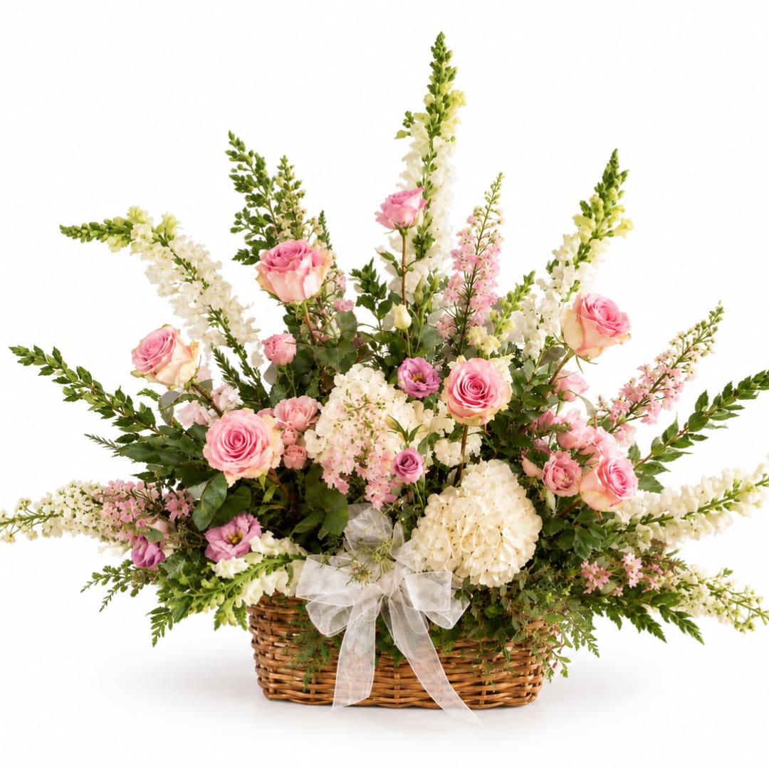 Pink roses and white flowers arranged in a wicker basket with a sheer bow