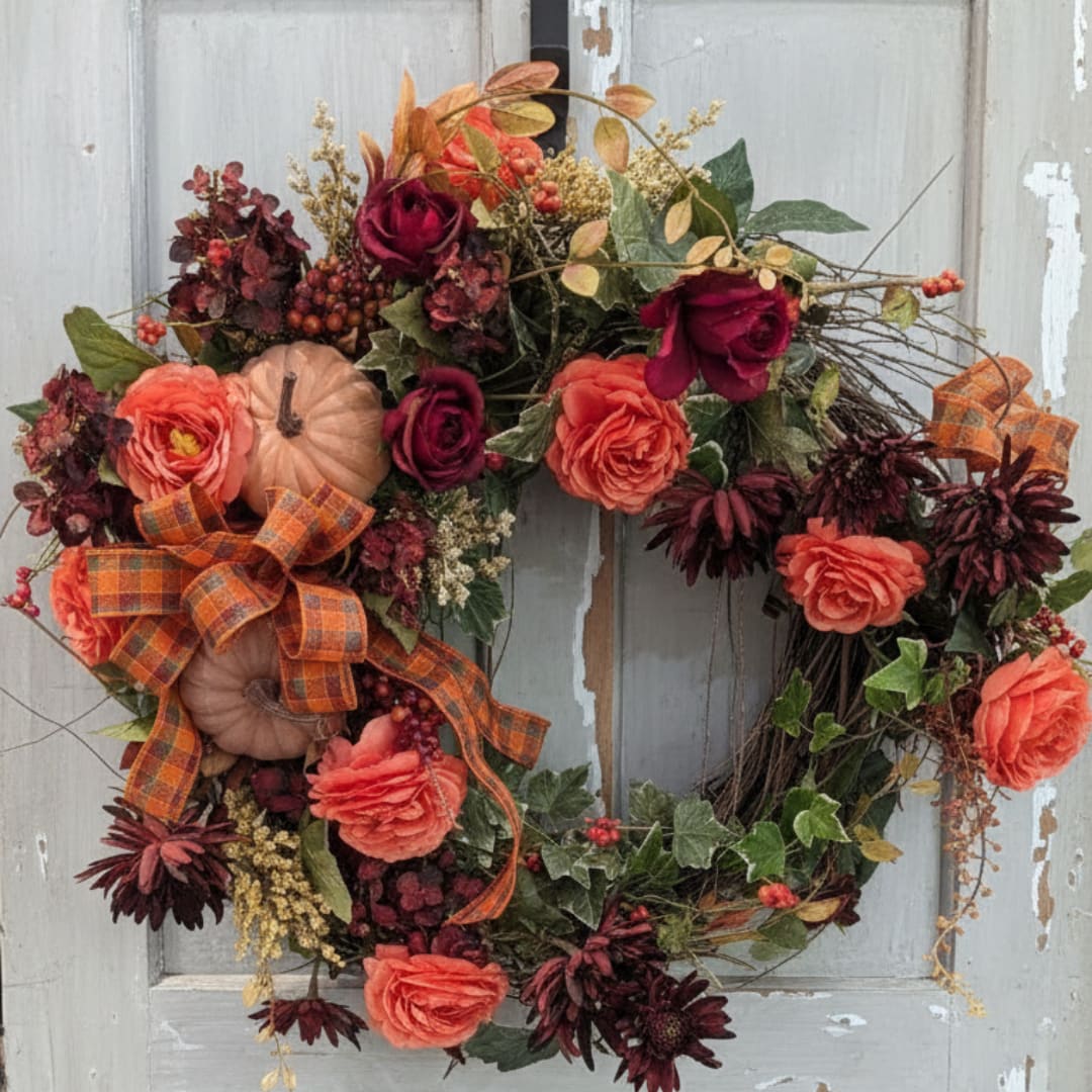 Fall wreath with orange and burgundy flowers and plaid ribbon
