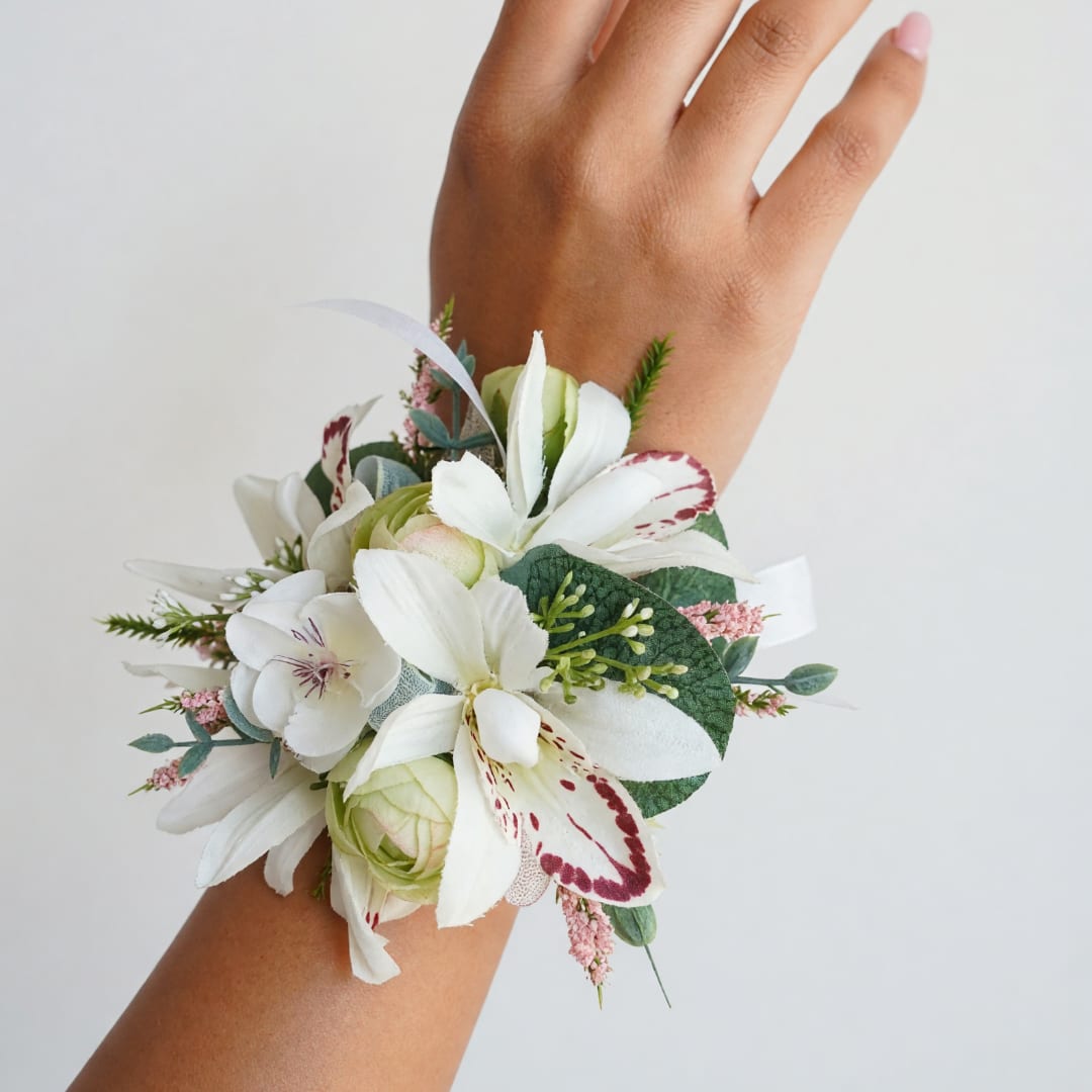 White floral wrist corsage with pink accents on a person's wrist