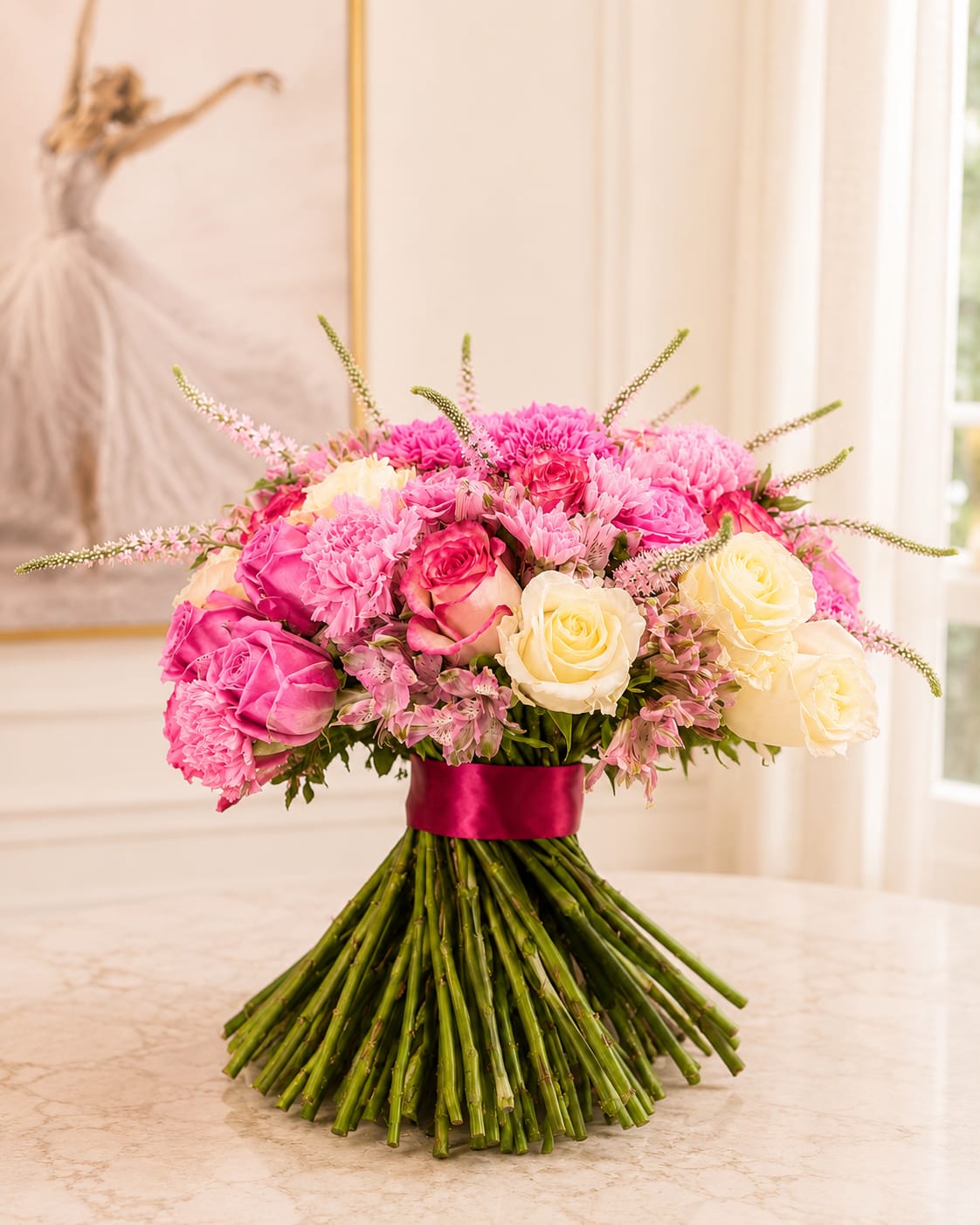 Purple Cloud Mixed Color - A rounded hand-tied bouquet of pinks and creams that reads like a gentle celebration-perfect as a birthday bouquet, anniversary roses alternative, or a "just because" surprise that brightens someone's day. The Purple Cloud Mixed Color arrangement brings together a romantic mix for love and romance, thinking of you, or to welcome a new baby; its feminine palette also suits spring and summer gifting or a heartfelt thank you.