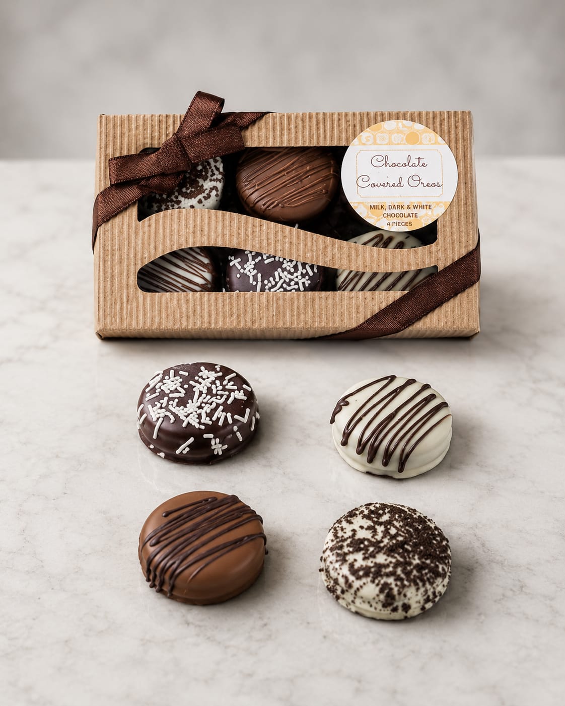Box of chocolate-covered Oreos with four cookies shown outside the package.