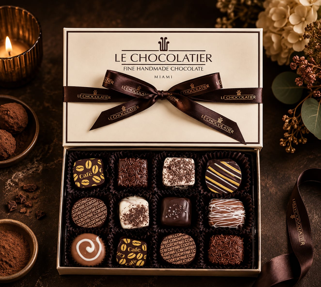Box of assorted chocolates tied with a brown ribbon