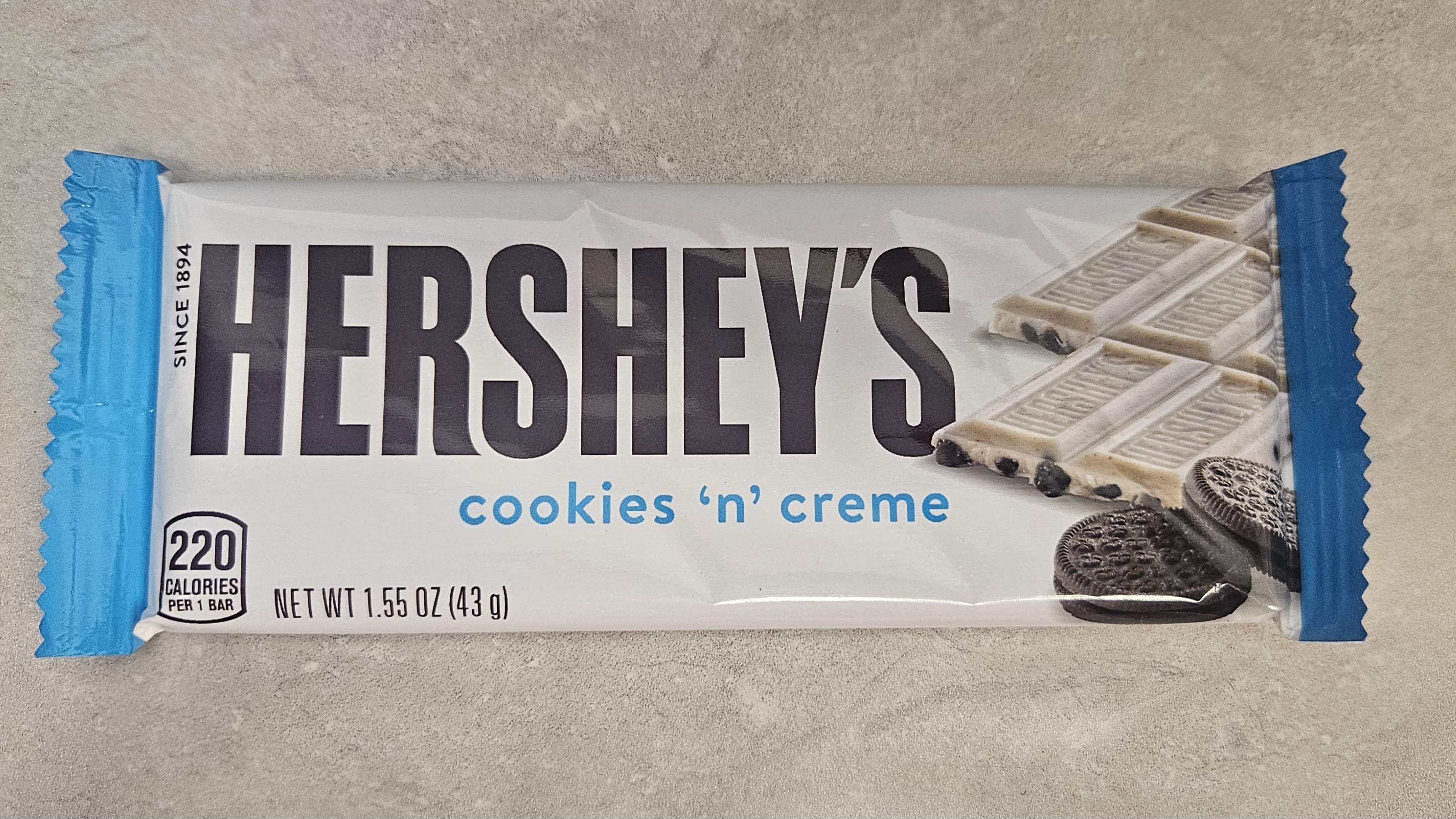 Hershey's Cookies 'n' Creme candy bar in a blue wrapper
