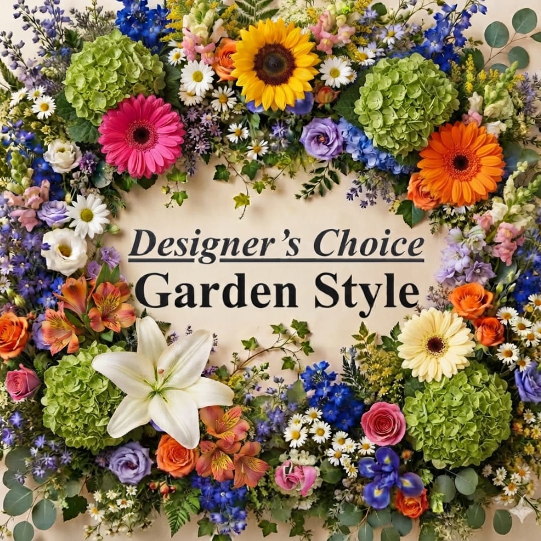 Mixed flower arrangement with a large white lily and colorful blooms around a sign