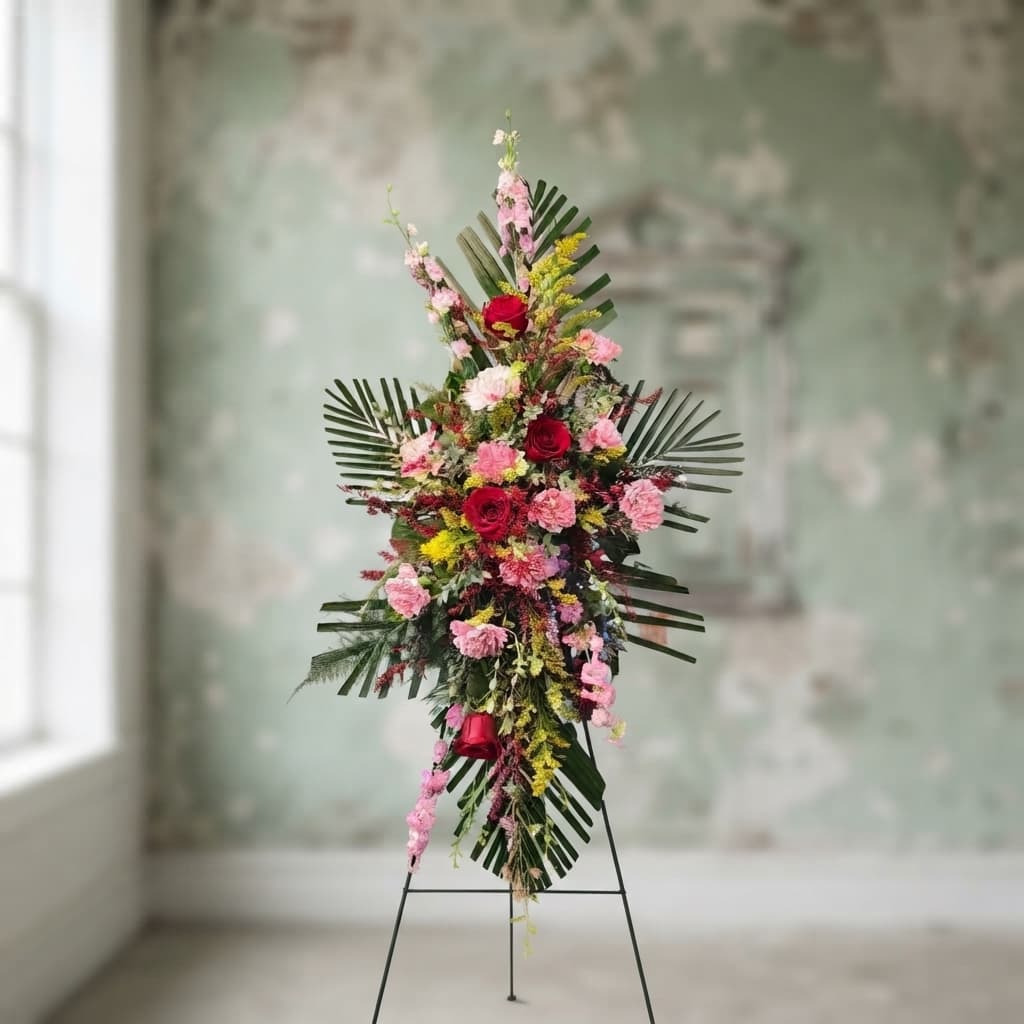 Remember You Sympathy Flowers Standing Spray - Remembering You is a standing sympathy spray designed for a funeral service or celebration of life service. Rich red roses are paired with soft pink carnations, delicate pink larkspur, and bright yellow solidago, creating a thoughtful floral tribute filled with warmth, color, and texture.  The graceful, open design is accented with tropical-inspired greenery, giving the arrangement beautiful movement and a natural shape. The combination of flowers creates a meaningful way to express love, sympathy, and remembrance for someone special.  Handcrafted by Specialty Floral Design in Olympia, WA, Remembering You is made with care and attention to detail. Flower varieties and greenery may vary slightly depending on seasonal availability, while keeping the overall color palette and style of the arrangement.  Funeral flower delivery is available throughout Olympia, Lacey, Tumwater, and Thurston County, WA.