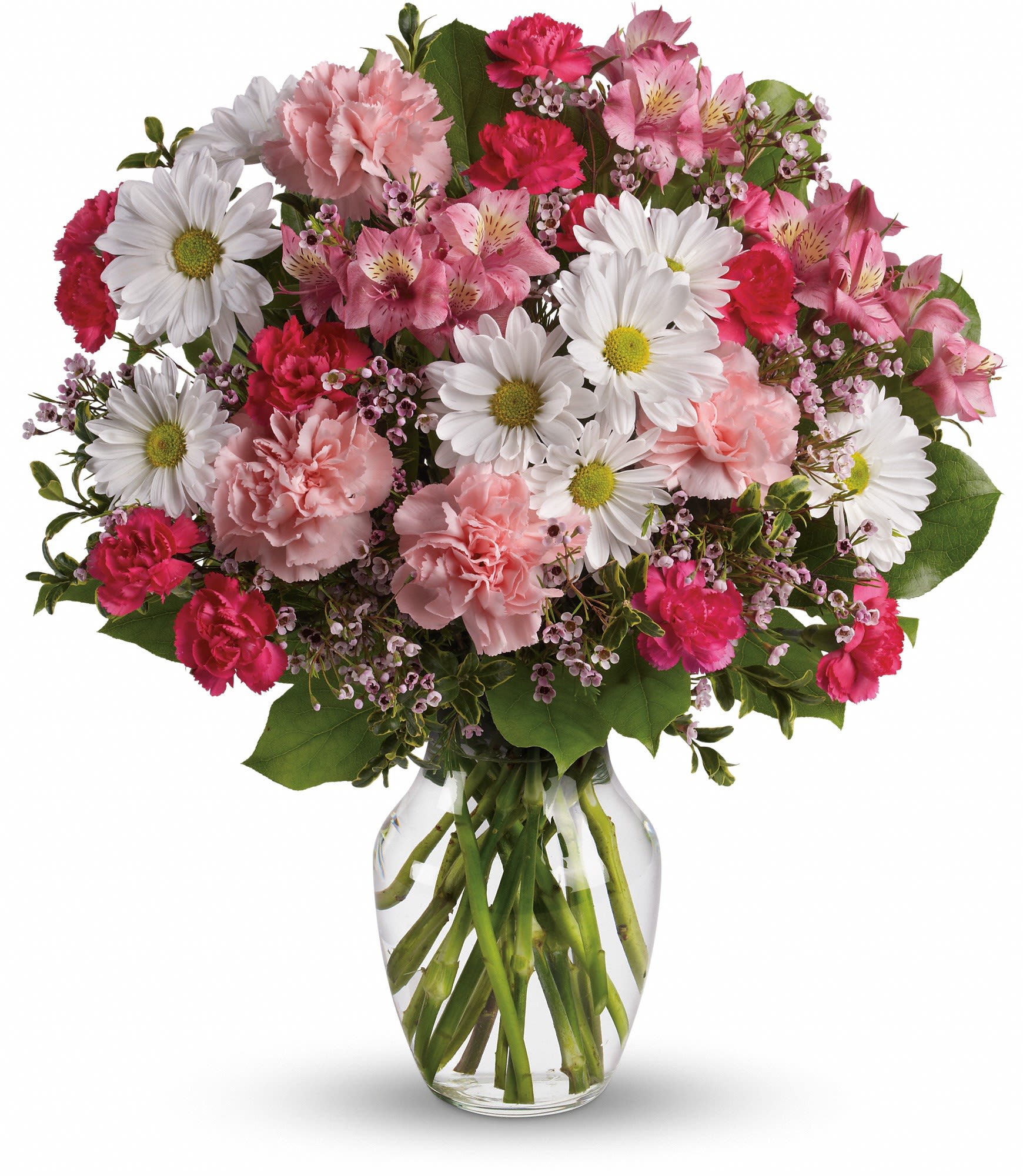 Pink and white mixed bouquet in a clear glass vase
