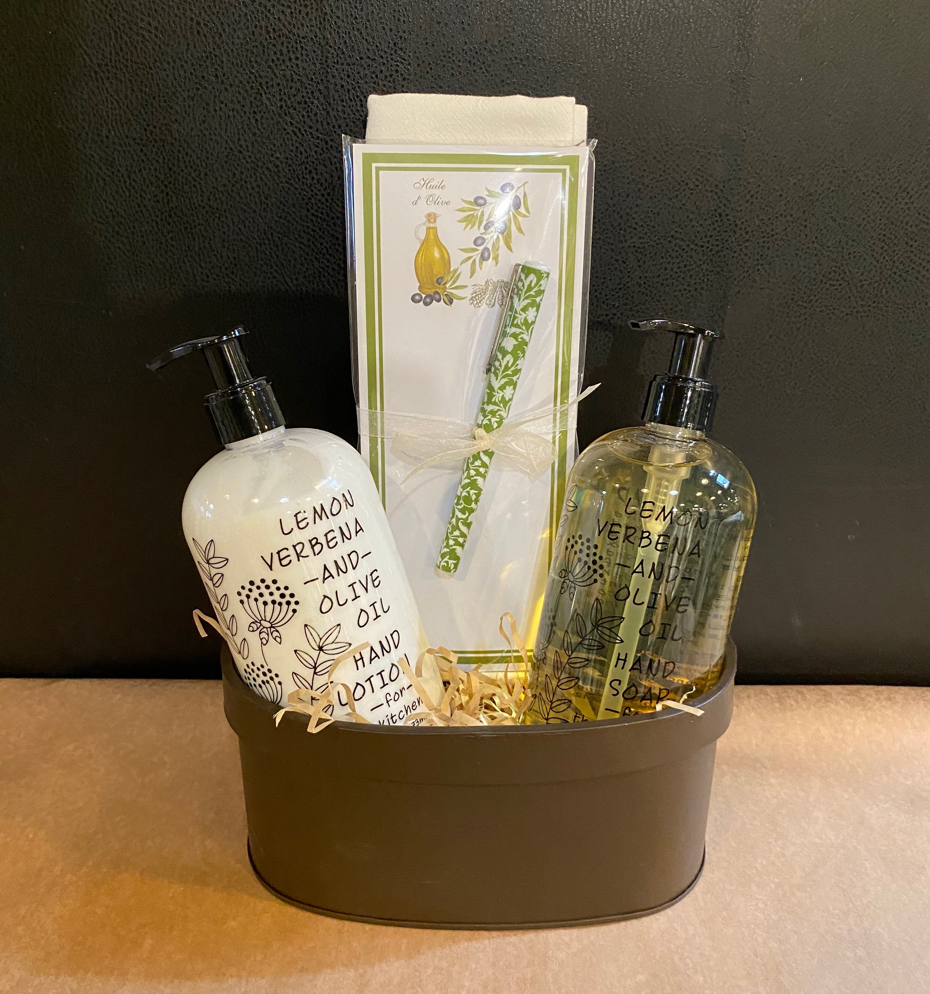 Gift basket with lemon verbena and olive oil hand soap and lotion