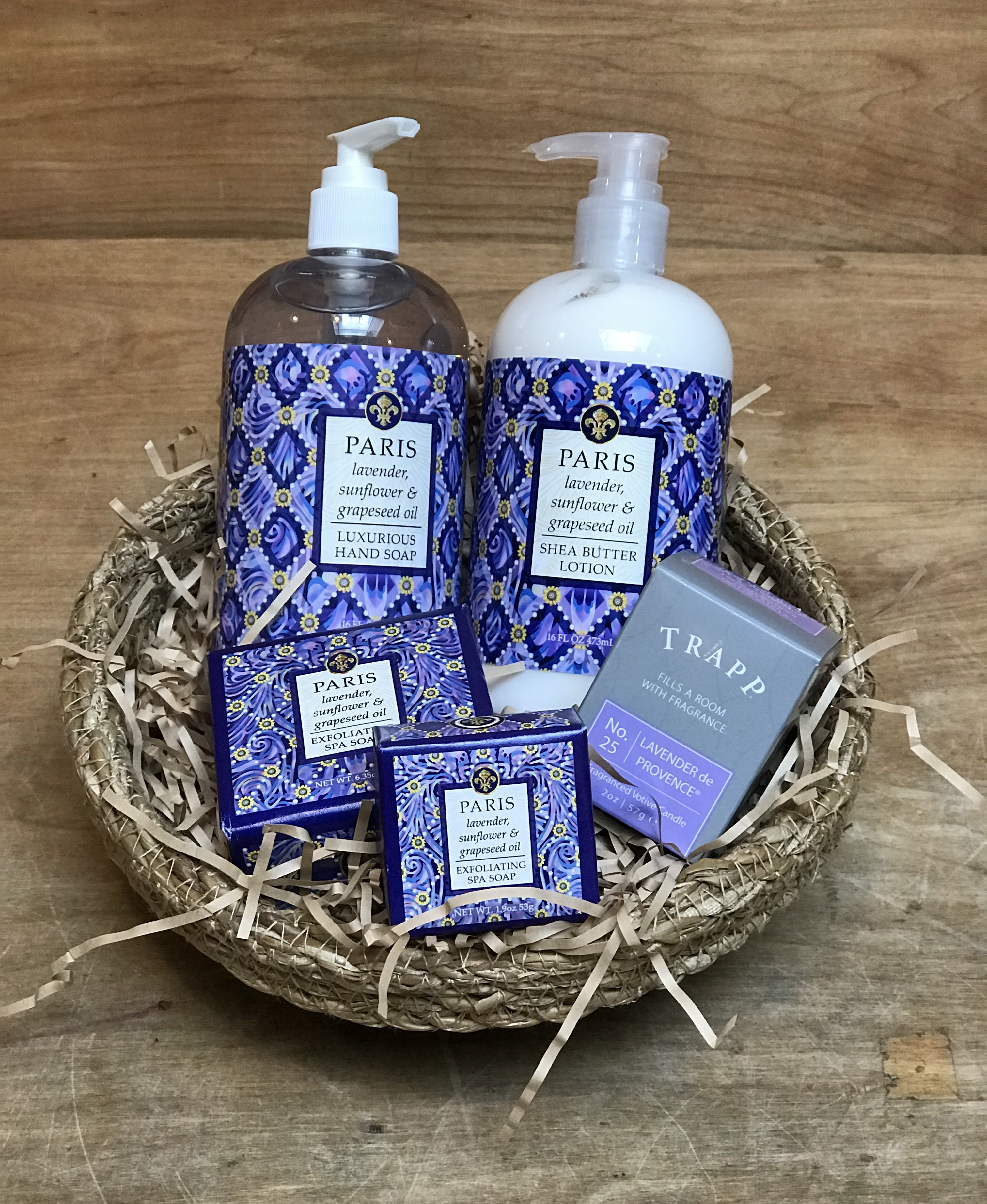 Gift basket with lavender soap, lotion, and a room fragrance box