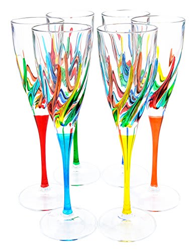 Set of clear stemmed glasses with colorful painted swirls