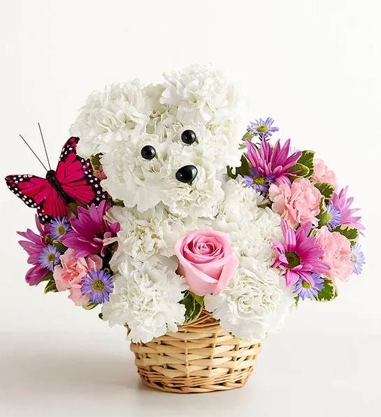 Precious Pup - A playful dog-shaped flower arrangement that brightens birthdays, get-well wishes, or "just because" moments - perfect as a cheerful gift for a child or animal-lover. The central pup is formed from tightly clustered white carnations with black bead eyes and a bead nose that give it an expressive, friendly face, while a bright pink faux butterfly pick adds a whimsical, childlike touch.  