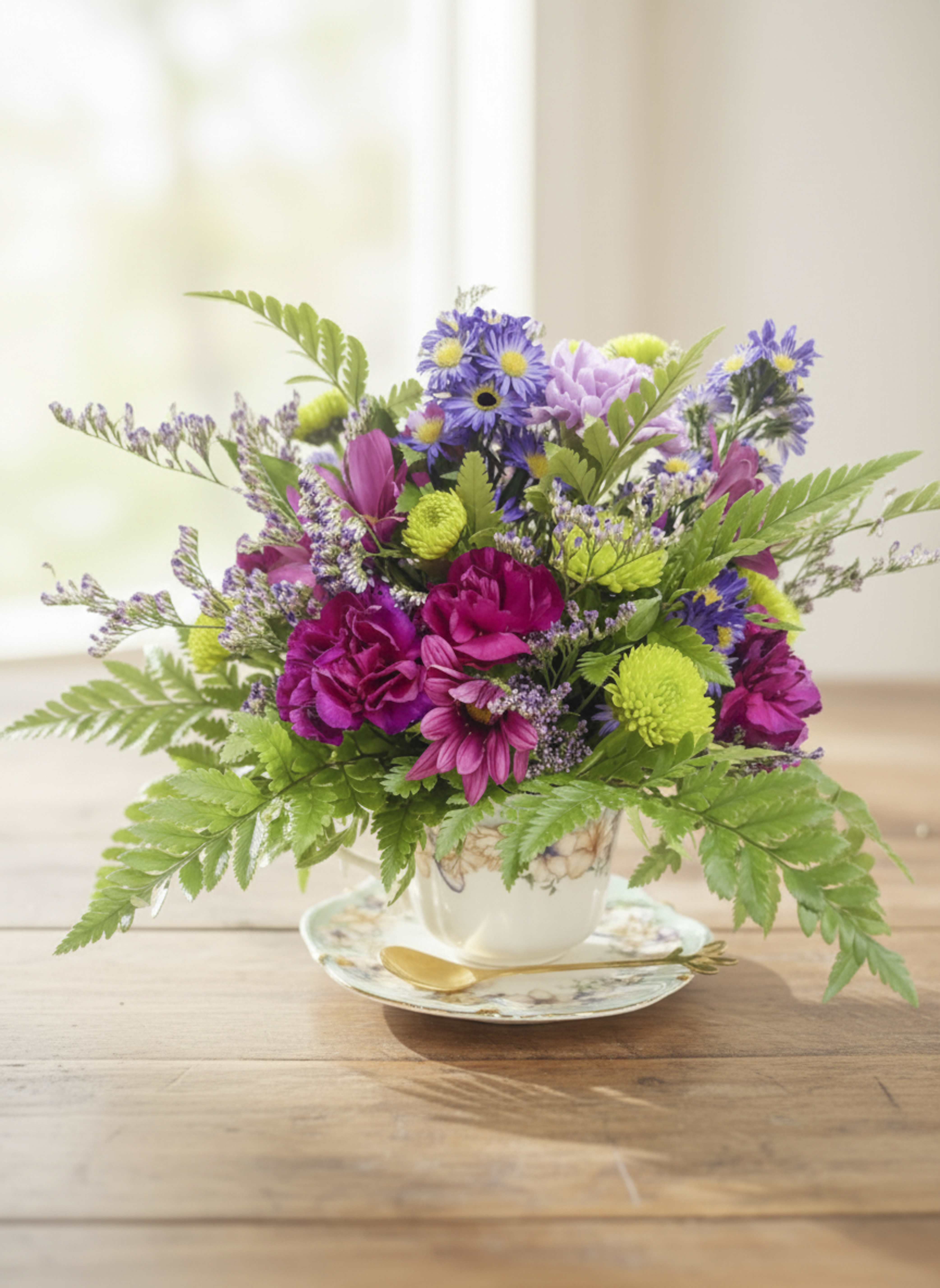 Colorful bouquet of purple and pink flowers in a teacup vase