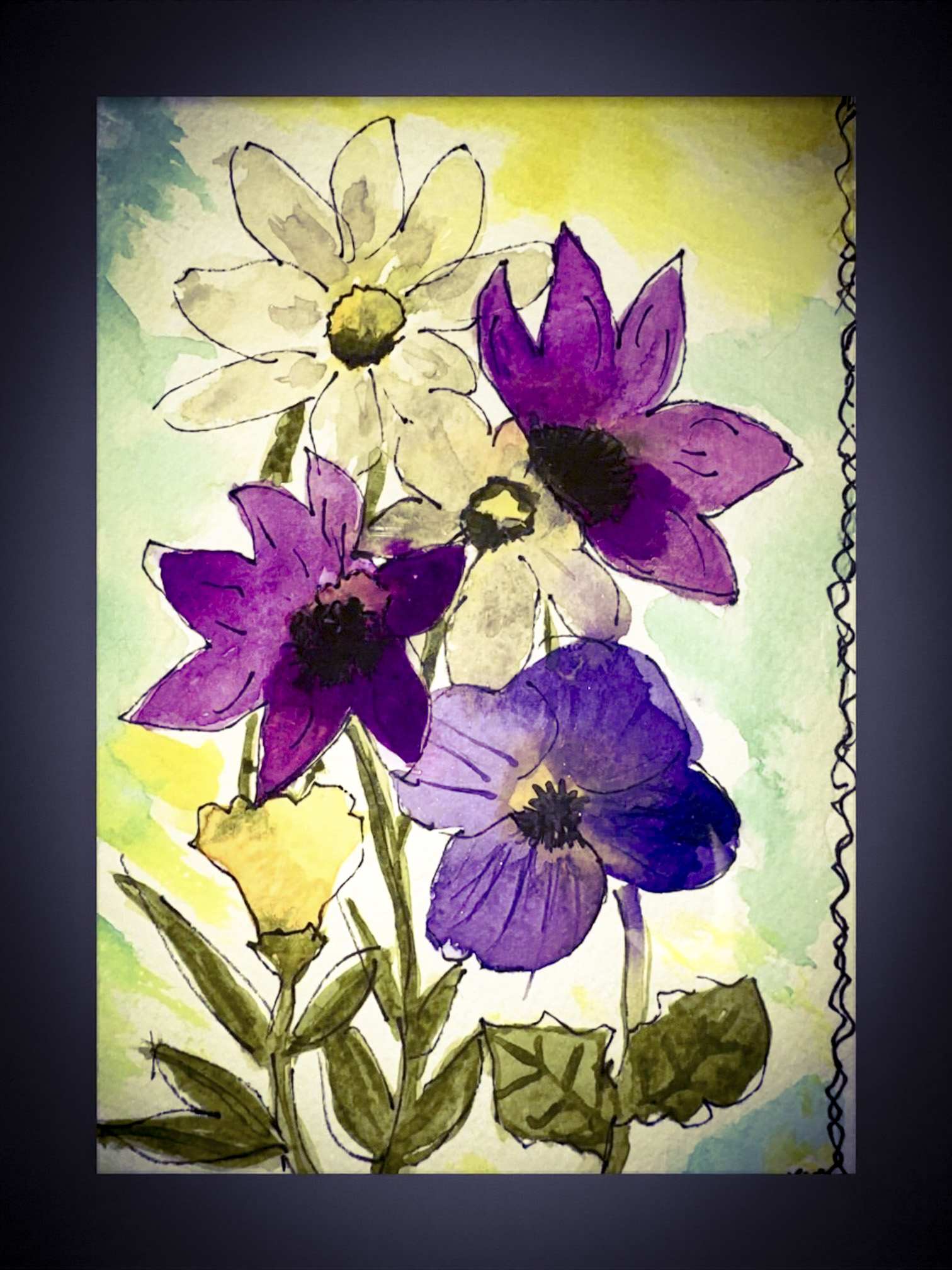 Watercolor painting of purple and white flowers with green stems