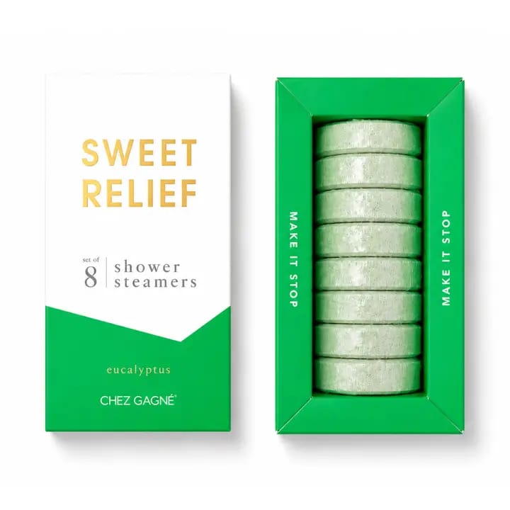 Box of eucalyptus shower steamers with green tablets in a white and green package