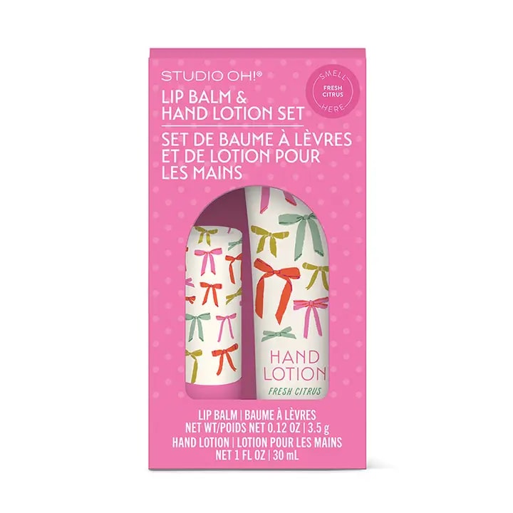 Pink box containing a lip balm and hand lotion set