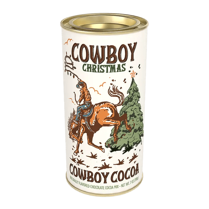 Tin of Cowboy Christmas cocoa mix with a cowboy illustration