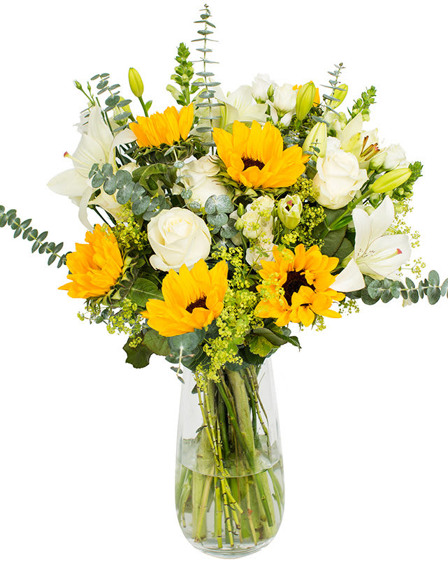 Smile Bouquet - Sunflowers make everyone smile and this bouquet certainly aims to do just that.Sunflower Sunrich Orange, Roses, Antirrhinum, Eustoma, Asiatic Lilies, Eucalyptus Baby Blue and Alchamella Mollis.