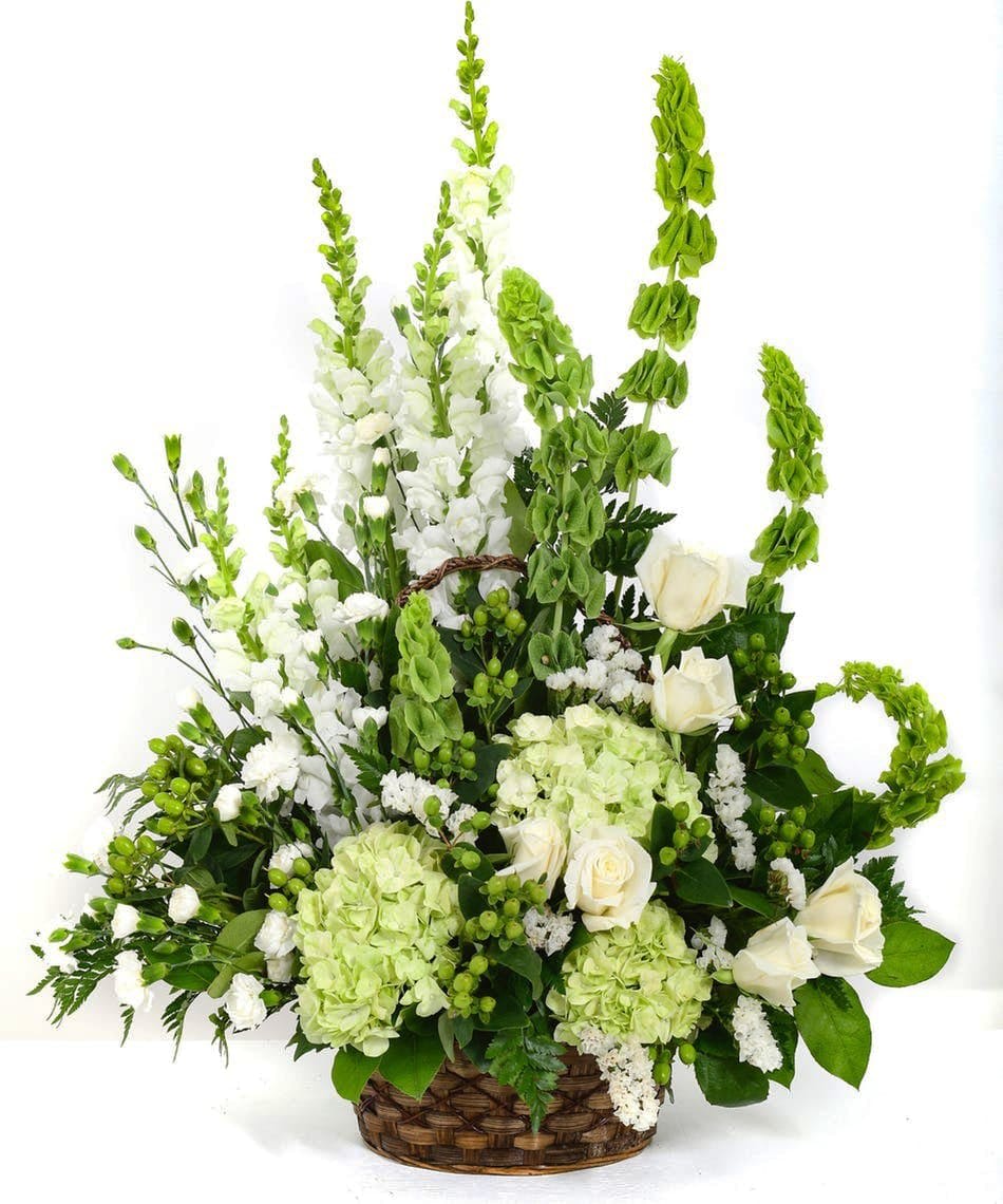 Peaceful White Basket - Express your sympathy with this beautiful arrangement of green and white colors.  Suitable for any funeral home or church service.
