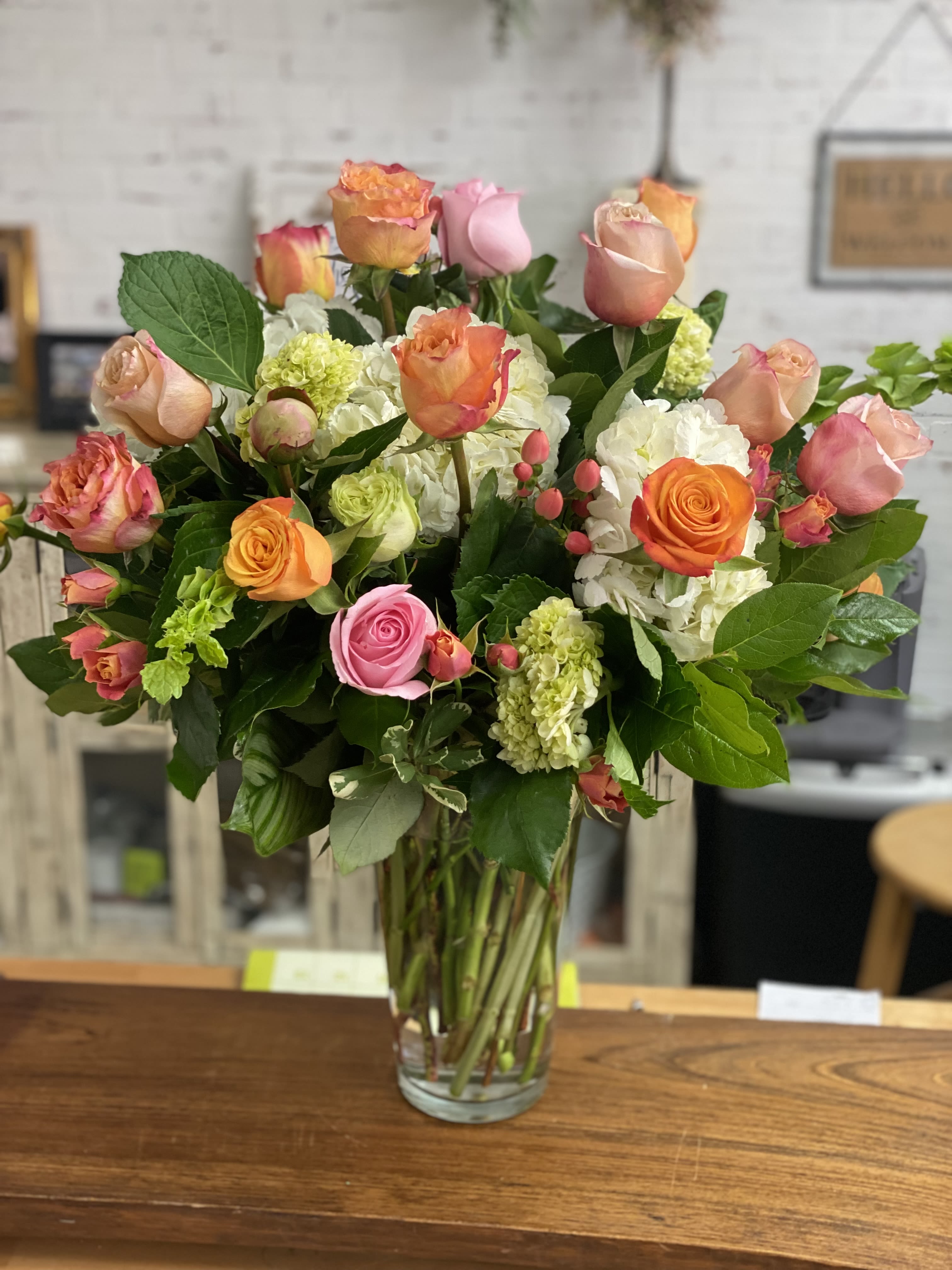 Radiant Summer - Bright pinks &amp; oranges, a colorful mix in tall glass vase