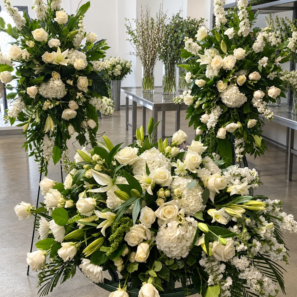 Large white floral funeral arrangements with roses and lilies in a room