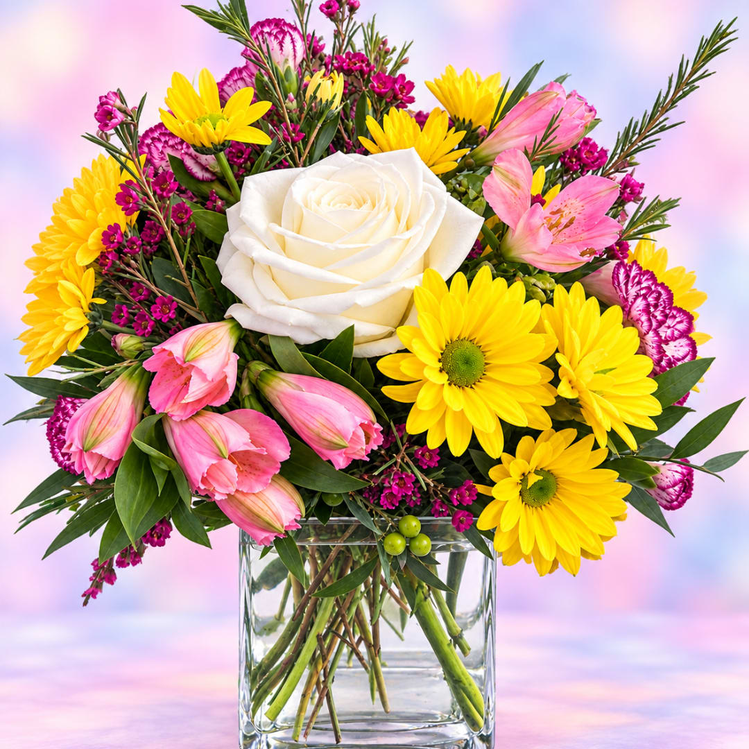 Mixed bouquet with a white rose, yellow daisies, and pink alstroemeria in a clear vase