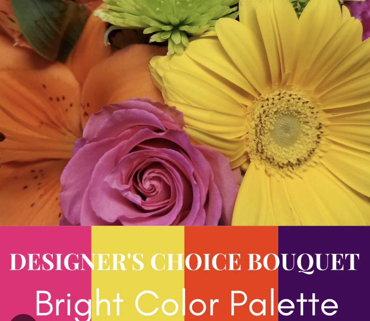 Bright mixed bouquet with a yellow gerbera, pink rose, and orange lily