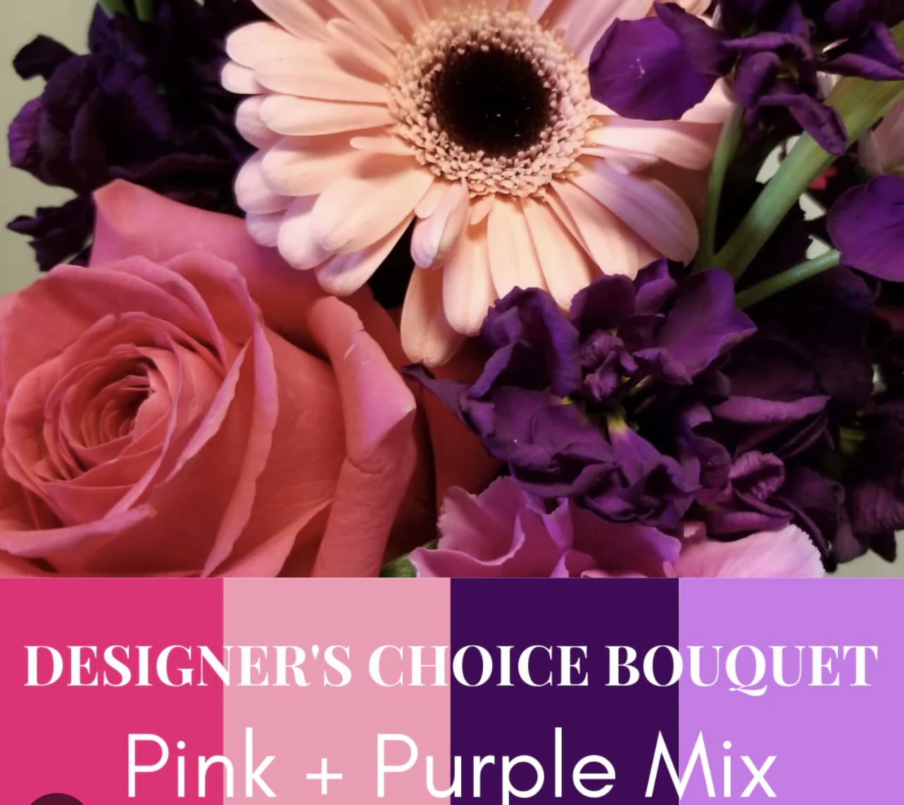 Pink rose and gerbera daisy with purple flowers in a bouquet