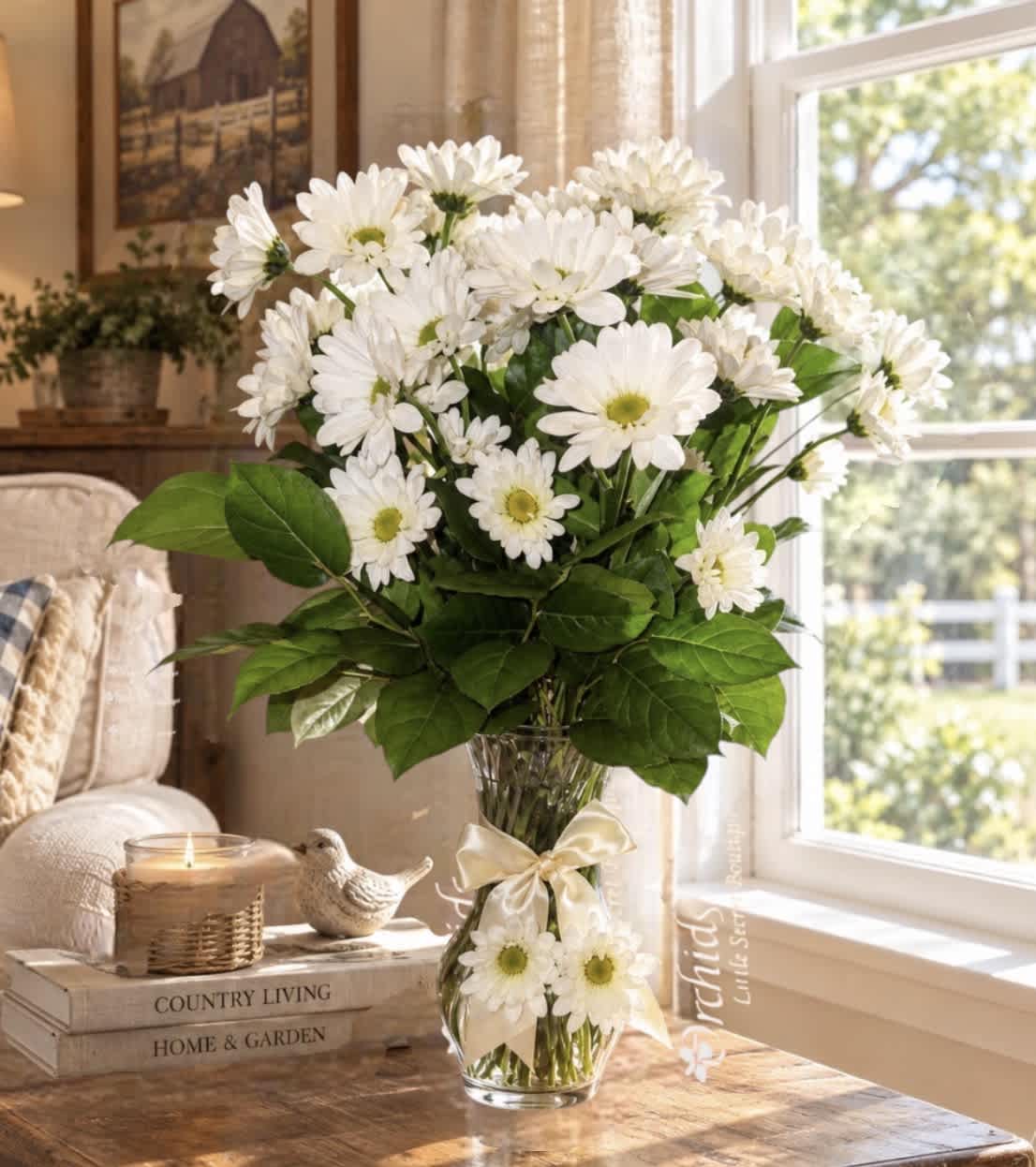 White daisy bouquet in a clear glass vase with a ribbon