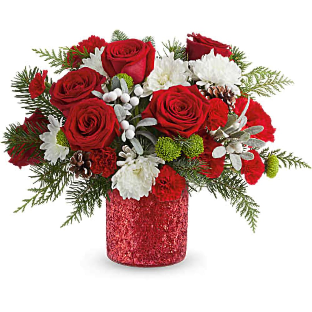 Red roses and white flowers in a red glitter vase