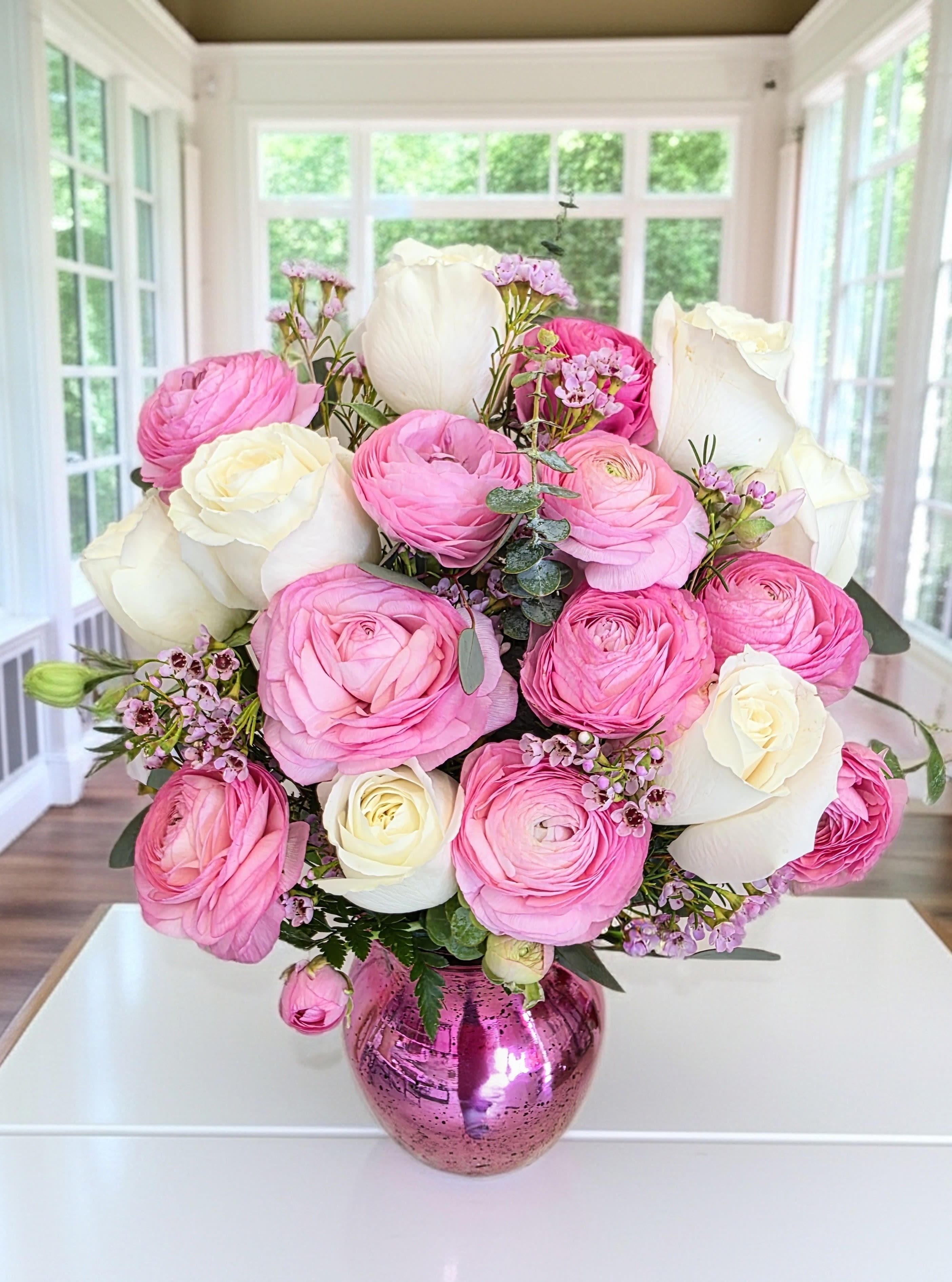 Ranunculus Soiree  - Pink ranunculus, and white roses arranged in a lush, rounded bouquet in a metallic pink vase-perfect for Mother's Day, birthdays, anniversaries or just because.