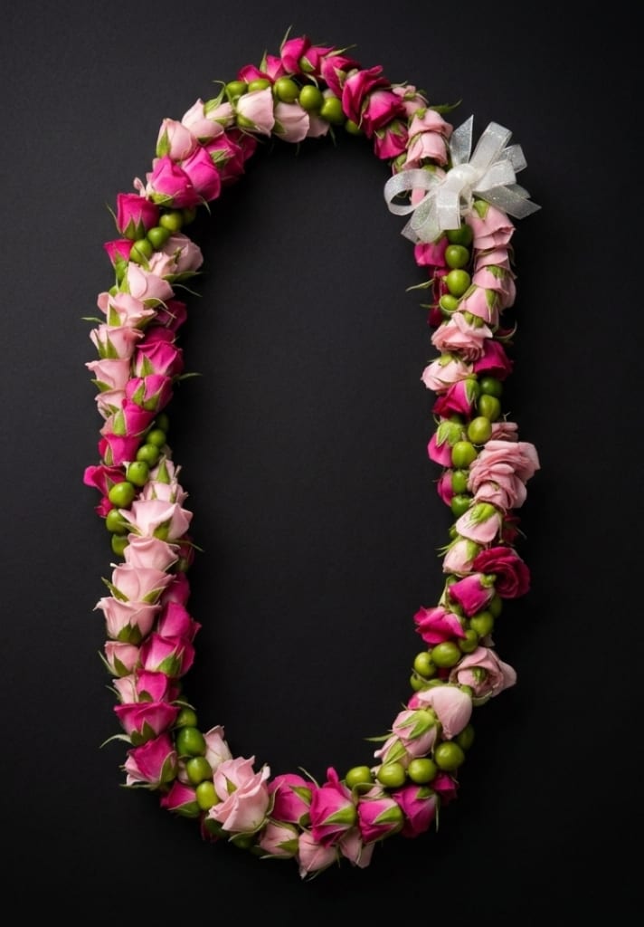 Pink and magenta rose lei with a white ribbon bow